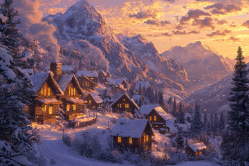 A tranquil mountain village blanketed in snow, with warm glowing lights from cozy homes, nestled beneath towering peaks as the sun sets.