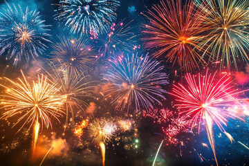 Obraz premium A breathtaking explosion of colors and lights illuminates the night sky, capturing the essence of celebration and joy with fiery elegance.