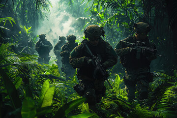 Armed soldiers move cautiously through dense jungle foliage, staying alert for potential threats as mist rises around them in a tense atmosphere.