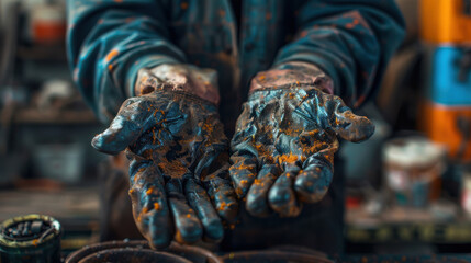 Fototapeta premium A photograph of a craftsman's hands with raw materials, sturdy gloves stained with paint, tight close-up perspective