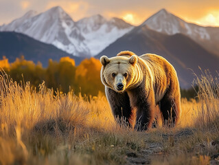 Majestic Grizzly Bear in Golden Meadow at Sunset
