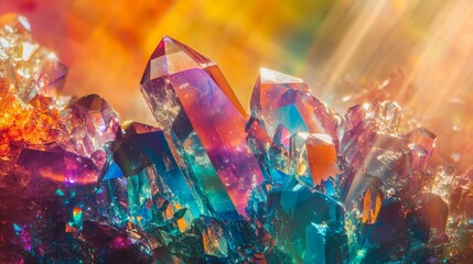Colorful crystals under sunlight, close-up macro