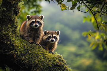 Adorable Baby Raccoons Sitting on Mossy Tree Branch