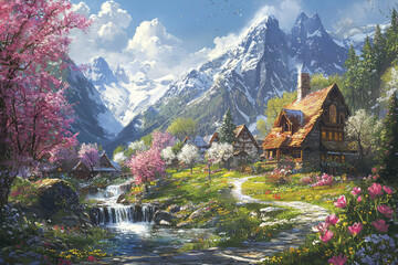 Naklejka premium A picturesque mountain village surrounded by blooming flowers, sparkling stream, and snow-capped peaks under a blue sky on a vibrant spring day.