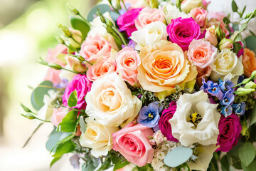 Obraz premium A vibrant bouquet of roses and assorted flowers, showcasing a mix of delicate hues, perfect for adding a touch of elegance to any wedding celebration.