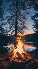 Naklejka premium Campfire by the lake at dusk, nature