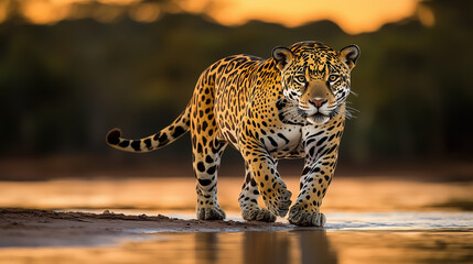 Powerful Jaguar Walking by Water at Sunset