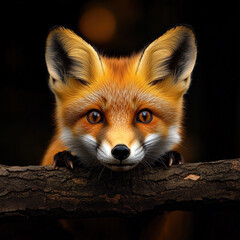 Close-Up Portrait of a Cute Red Fox on a Tree