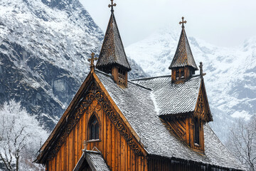 Fototapeta premium Ancient Wooden Stave Church with Intricate Carvings Amidst Snowy Mountain Landscape Captures Timeless Beauty and Serene Atmosphere