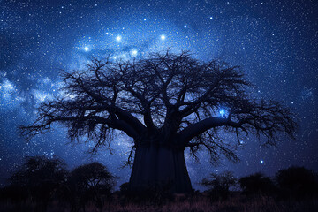 Silhouetted baobab tree stands tall against a breathtakingly starry night sky, evoking awe and wonder about the beauty of the natural world.