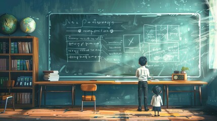 Students Learning Math Concepts in Classroom With Chalkboard and Bookshelves