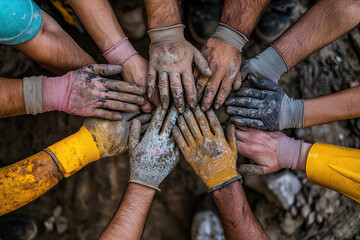 A dozen gloved hands, dirt-streaked, come together in unity, symbolizing teamwork, hard labor, and communal efforts in a challenging environment.