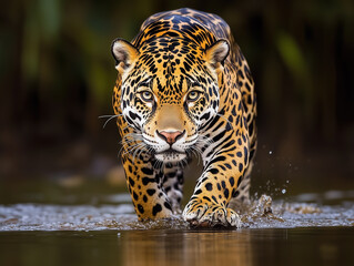 Majestic Jaguar Stealthily Walking Through Water in Its Natural Habitat