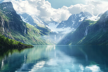 Breathtaking fjord landscape with clear waters reflecting towering green and snowy peaks under a sky filled with fluffy white clouds.