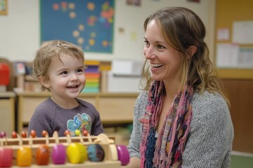 Naklejka premium Smiling Teacher and Happy Child Playing with Educational Toy in Classroom Setting