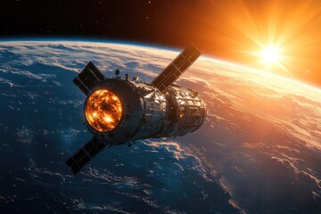 Obraz premium Space Satellite Orbiting Earth at Sunrise with a Spectacular View of the Sun and Clouds