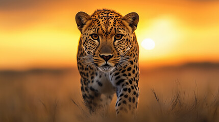 Majestic Leopard Walking Towards Camera During Sunset in Savanna