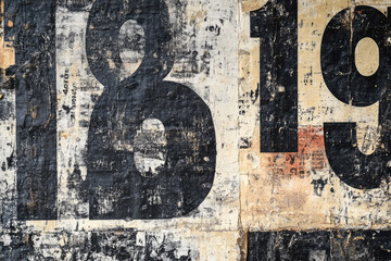 Fototapeta premium Aged and weathered scrapbook paper with large, bold black numbers 18 and 19 on a textured and worn background, reminiscent of urban street art.