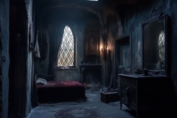 Abandoned Gothic Bedroom with Dark Decor and Candlelit Ambiance, Haunted Atmosphere