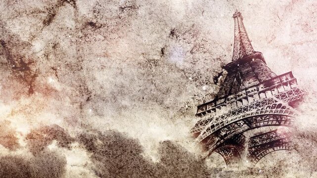 Eiffel Tower in Paris smoothly appears on old, grunge paper with time lapse of sky with clouds. Creative, combined 3D 4K parallax video of high quality. Template for a postcard or historical video.