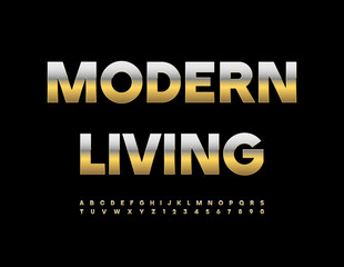 Vector golden emblem Modern Living. Trendy Chic Font. Elite Alphabet Letters and Numbers.