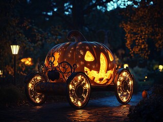 Glowing Jack-o'-Lantern Pumpkin Carriage on a Cobblestone Path - Enchanted Halloween Transport