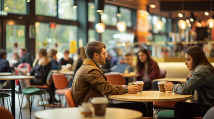 Students enjoying coffee or snacks in campus caf�s with space for social life tips or caf� highlights, university, with copy space