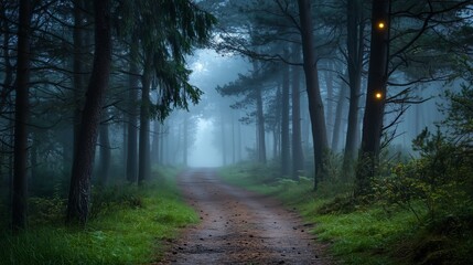 Fototapeta premium Misty Forest Path with Glowing Eyes in Trees, Spooky Halloween Scene with Fog and Copy Space