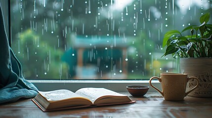 Fototapeta premium A tranquil reading nook with a coffee cup and an open book on a wooden table, rain pouring outside the window, creating a perfect setting for a rainy day, natural light, soft focus. --ar 16:9 --v 6.0