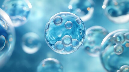 A close-up view of translucent blue bubbles with visible cells, set against a soft blue background, creating a microcosm effect