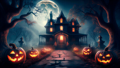 Illustration of a cemetery at night with a skull, image for Halloween party advertising and posters