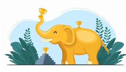 Naklejka premium Cartoon golden achievement, elephant figurine isolated on white background. Vector illustration.