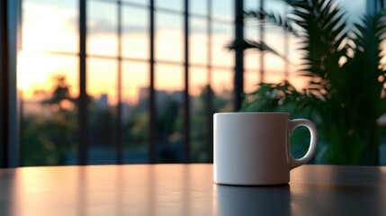 Office with large windows to nature and sunset. On the desk a white mug, next to a plant, modern style.