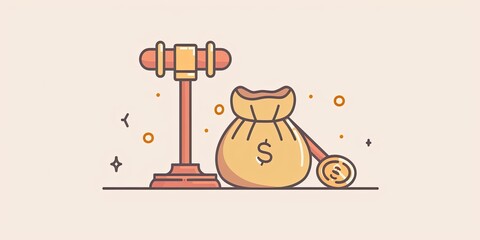 Fototapeta premium Gavel, money bag, and coin.