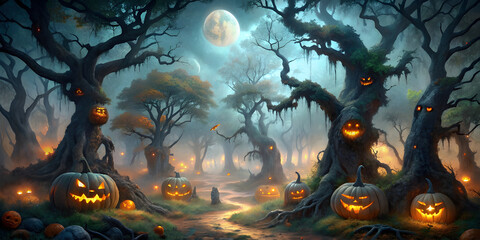 a mist shrouded enchanted forest with ancient gna