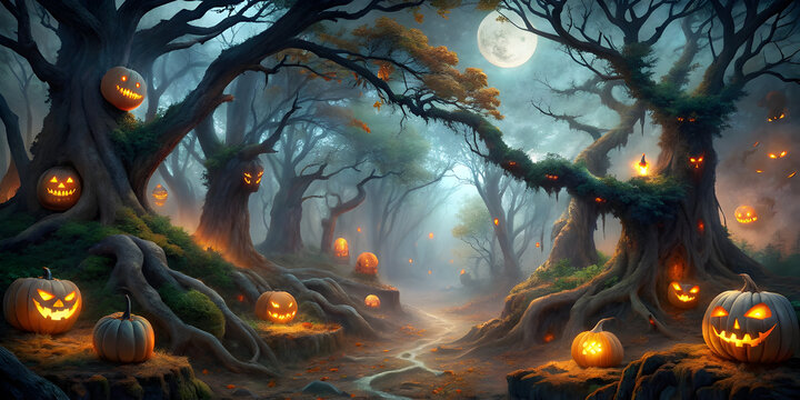 a mist shrouded enchanted forest with ancient gna