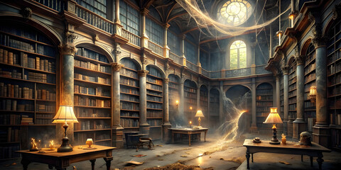 an abandoned Victorian library with cobweb covered