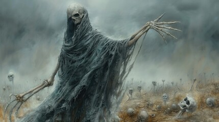 The necromancer, surrounded by a background of death, raises his hands to summon skeletons from the ground, a horror-filled scene of Halloween fantasy.