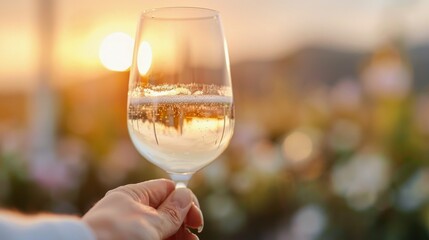 Obraz premium Glass of Water Held Against Sunset With Reflections in Garden