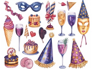 Set of New Year's party costume watercolor illustration. AI generated