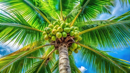 Fototapeta premium Bottom view of a beautiful green coconut palm tree fruiting in winter, with copy space, coconut palm, tree, bottom view