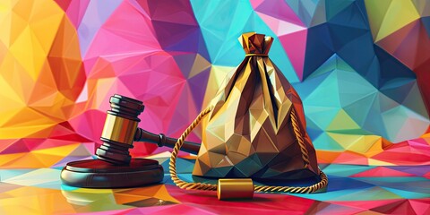 A gavel, a bag, and a golden rope on colorful