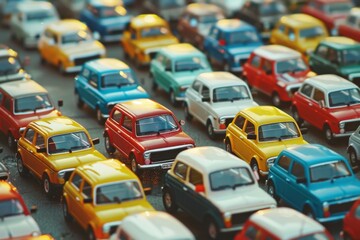 Naklejka premium A set of toy cars and trucks lined up in a playful, imaginary traffic jam