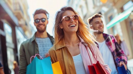 Happy friends shopping in the city