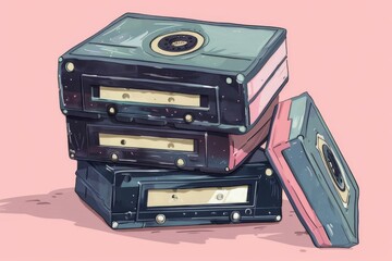 Obraz premium A stack of cassette tapes, filled with beloved children's songs. Illustration --ar 3:2 --style raw Job ID: 1fa03d51-6839-416e-8e06-b6422caebd43