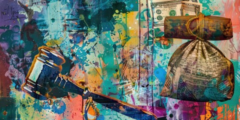Fototapeta premium Colorful abstract painting with gavel and money.