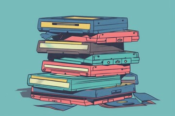 A stack of cassette tapes, filled with beloved children's songs. Illustration --ar 3:2 --style raw Job ID: 1fa03d51-6839-416e-8e06-b6422caebd43