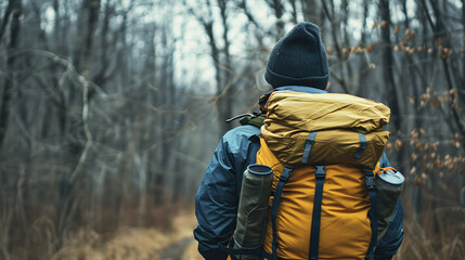 Obraz premium A man wearing a black hat and a yellow backpack is walking through a forest