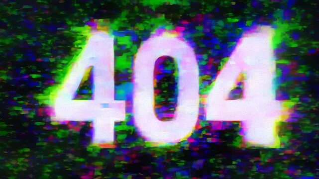 Digital glitch 404 error message. Abstract digital glitch art with vibrant colors and distorted patterns. TV static, noise, no signal. Distortion waves, grained television screen. Glitch TV picture.