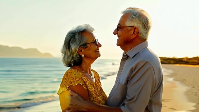 Joyful senior couple enjoys heartfelt moment together on beach during sunset, exchanging smiles and laughter while holding hands. Warm golden light enhances their beautiful surroundings as they cheris
